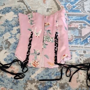 Kim Shui Pink Floral Lace-Up Satin Corset Top